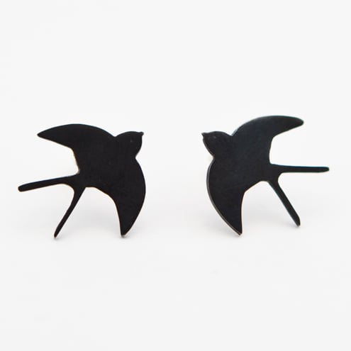 Flying Swallow Oxidised Silver Stud Earrings