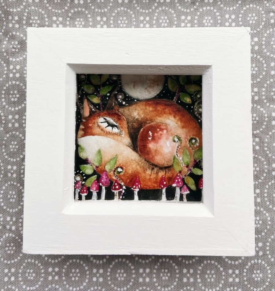 A Fox in a Box Framed  Original Fox and Mushrooms Watercolour 