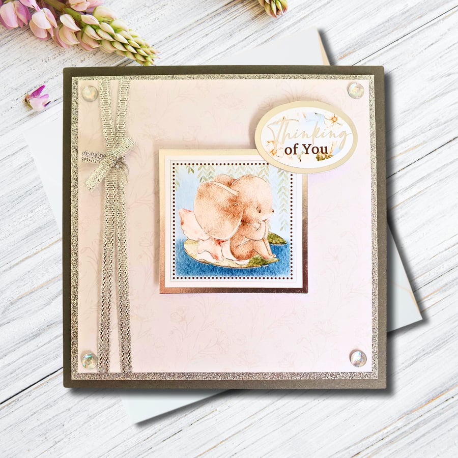 "Thinking Of You" Card with Cute Elephant, Various Occasions, Grey, Small Square