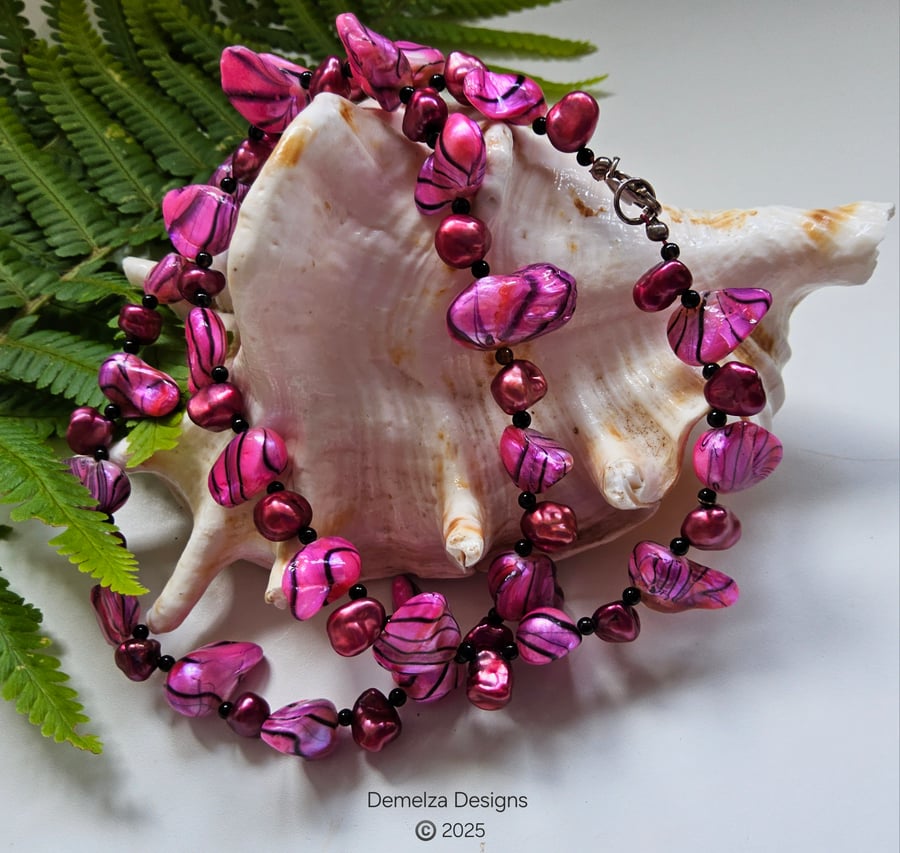 Designer Pink Keshi, Kewi Pearl & Black Onyz Sterling Silver Necklace 