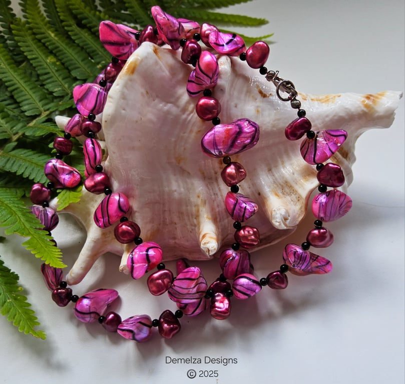 Designer Pink Keshi, Kewi Pearl & Black Onyz Sterling Silver Necklace 