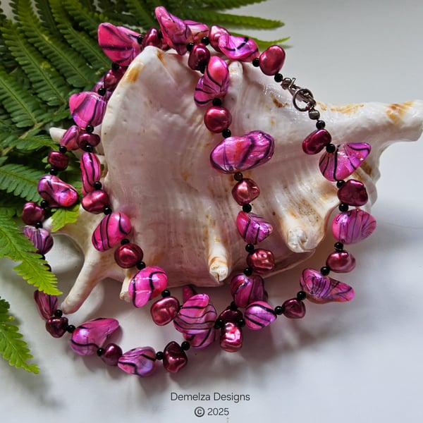 Designer Pink Keshi, Kewi Pearl & Black Onyz Sterling Silver Necklace 