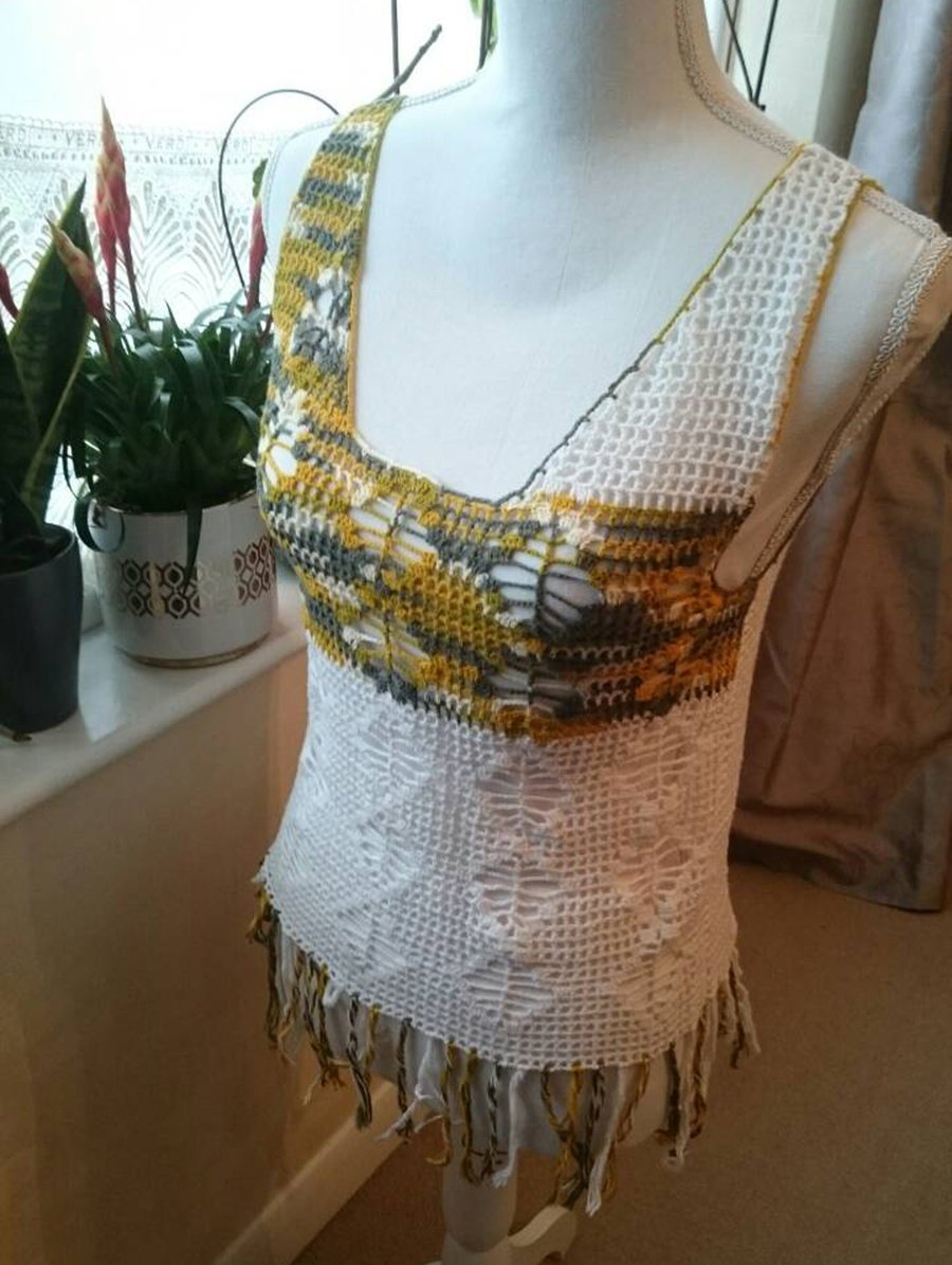 White-yellow bohemian summer woman top fringe crochet shirt-singlet knitting