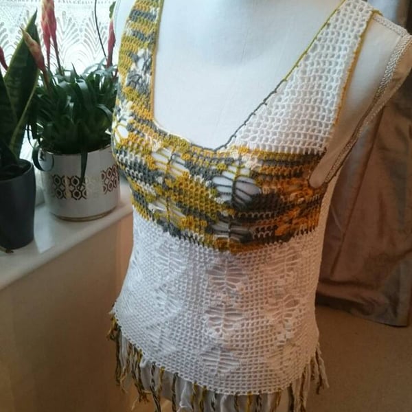 White-yellow bohemian summer woman top fringe crochet shirt-singlet knitting