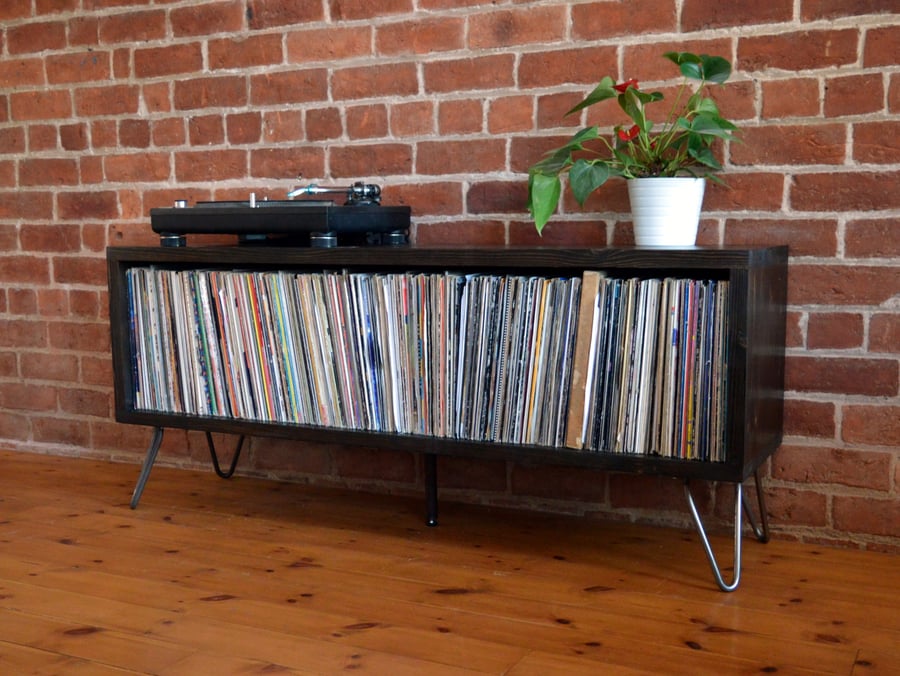 Mid Century Modern vinyl storage unit with hairpin legs and charred finish