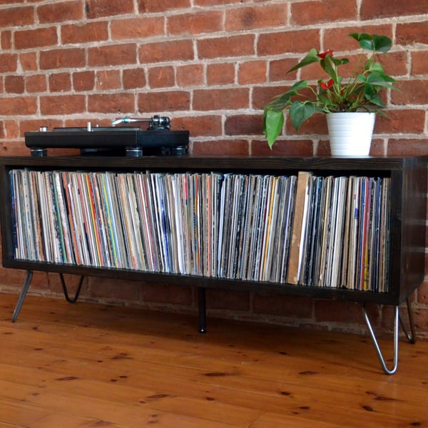 Mid Century Modern vinyl storage unit with hairpin legs and charred finish