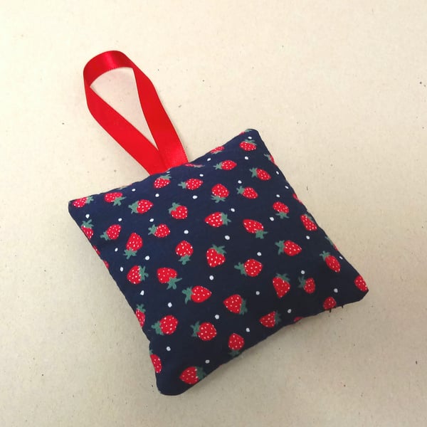 Lavender bag in navy with red strawberries, single hanging lavender sachet.