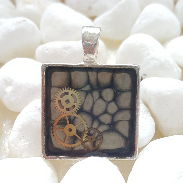 Hand Painted Black Steampunk Cog Resin Pendant - Square Necklace