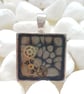 Hand Painted Black Steampunk Cog Resin Pendant - Square Necklace