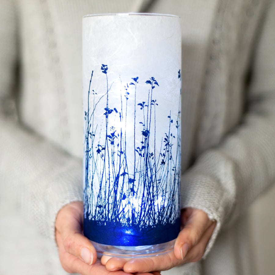 Meadow Cyanotype Vase, Large Blue and White Cylinder Vase, Mothers Day gift