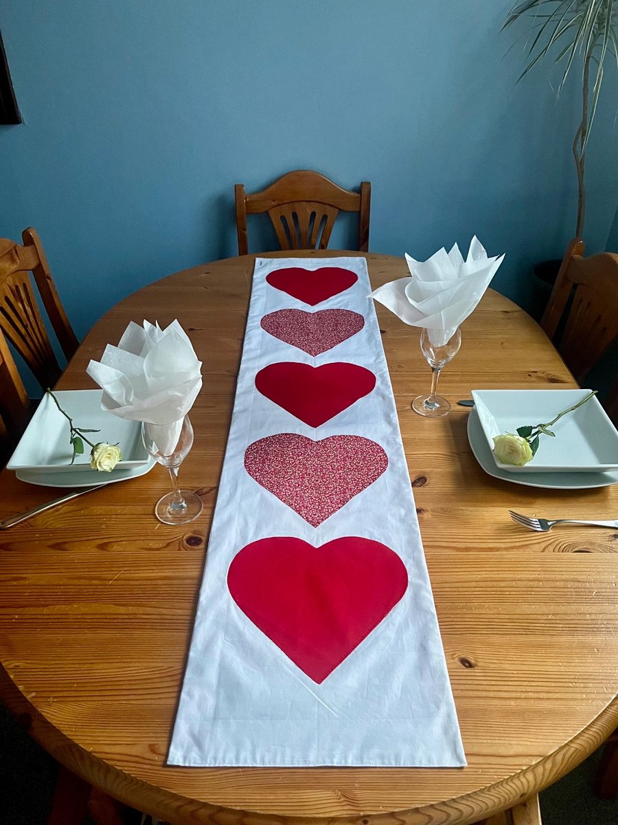 Valentines Table Runner Handmade Red Hearts Appliqué Cotton