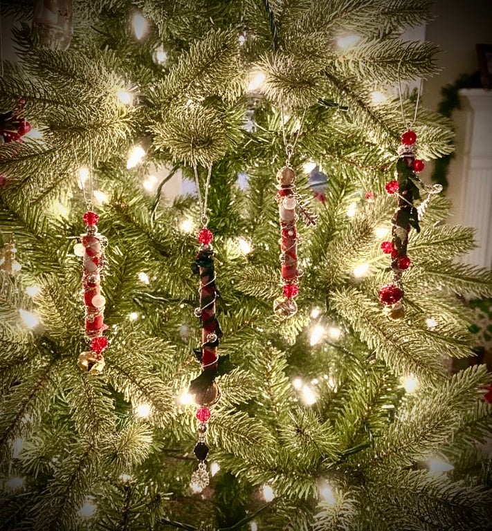Set of 4 Boho Hanging Christmas Decorations Made from Upcycled Thrifted & Scraps