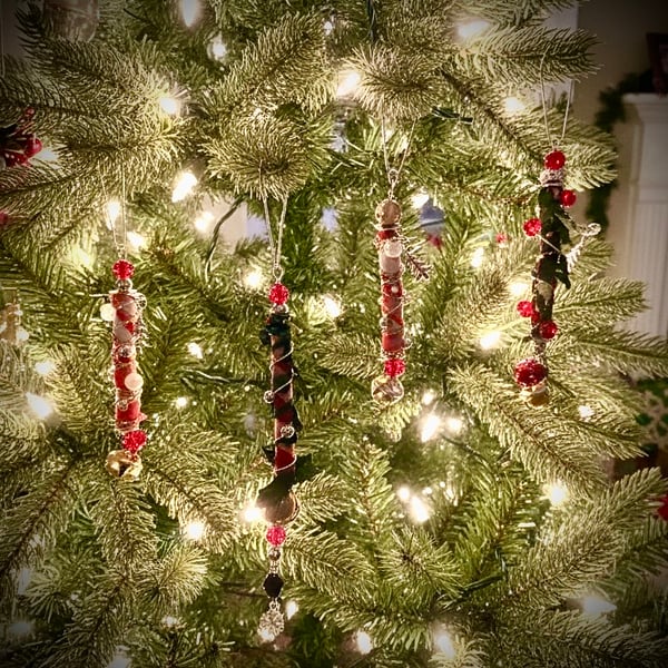 Set of 4 Boho Hanging Christmas Decorations Made from Upcycled Thrifted & Scraps