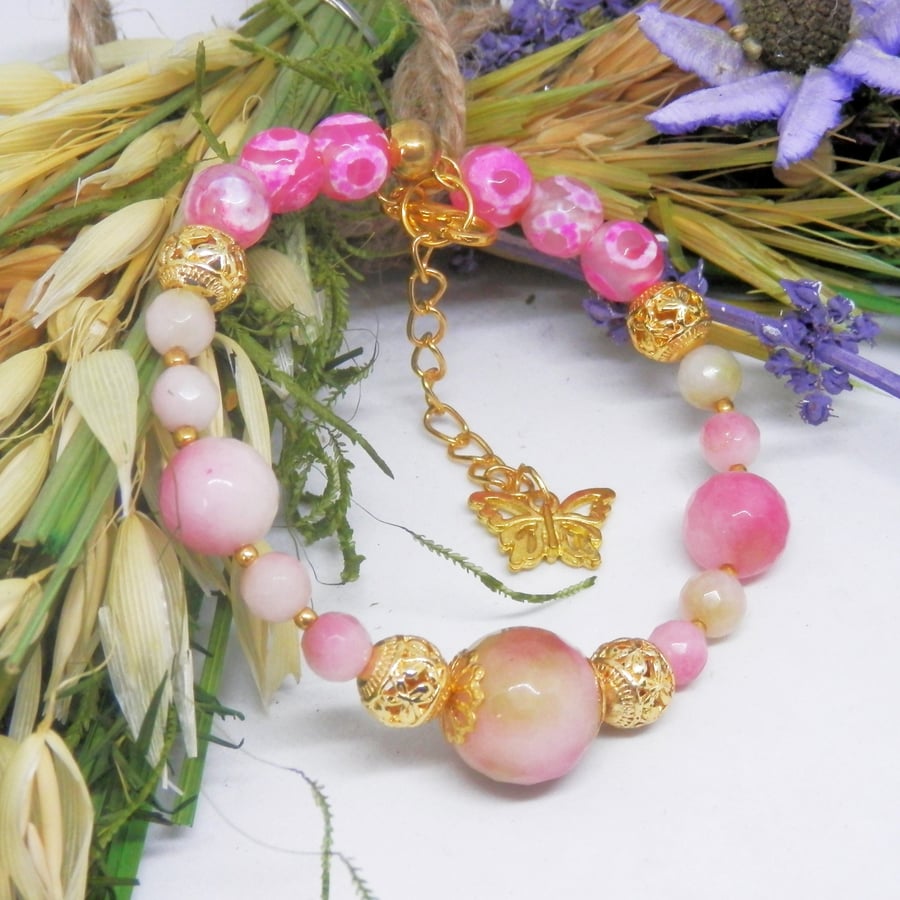 Pink Agate Memory Wire Beaded Bracelet