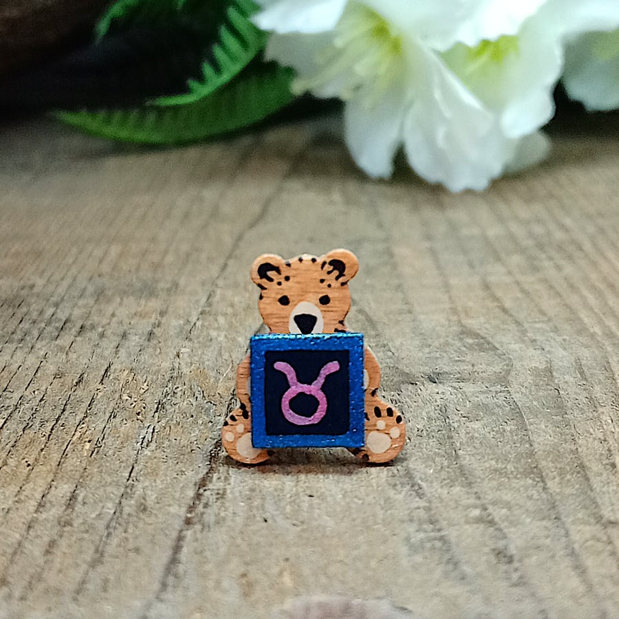 Taurus Bear Pin, Handmade Tiny Star Sign Wooden Teddy Badge