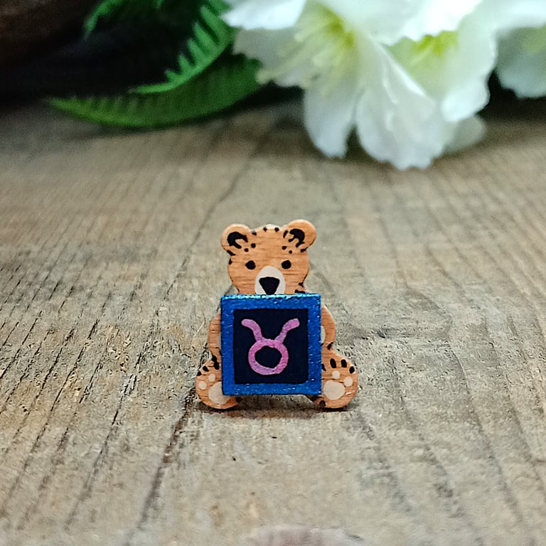 Taurus Bear Pin, Handmade Tiny Star Sign Wooden Teddy Badge