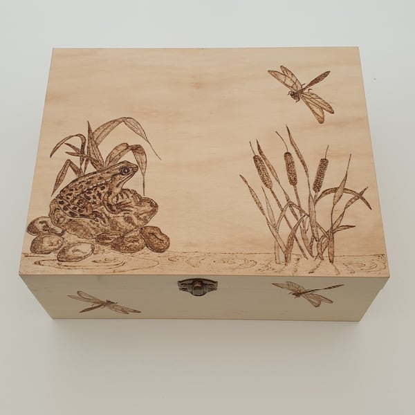 Frog and dragonflies pyrography wooden memory keepsake box, storage box