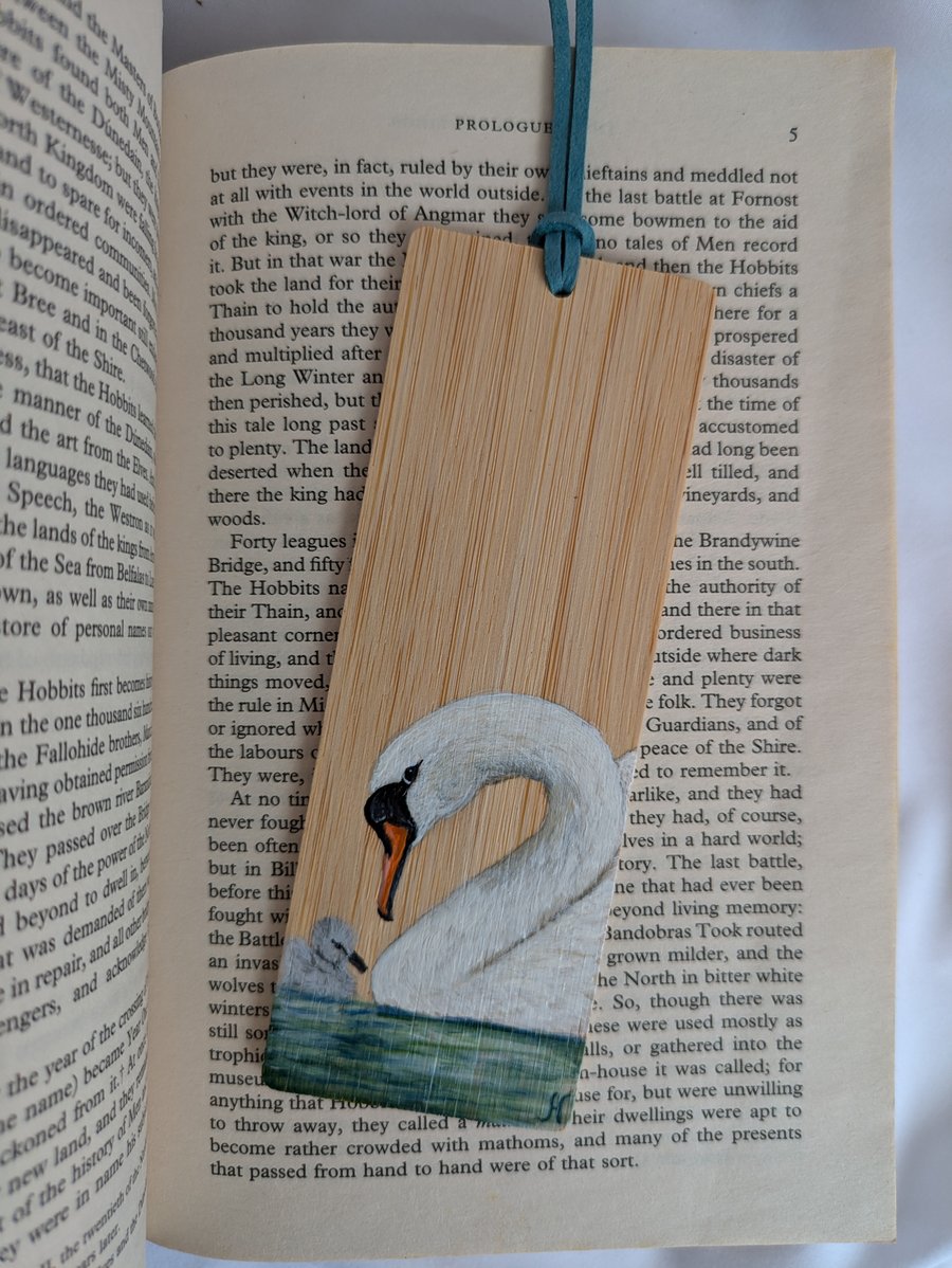 Hand Painted Bamboo Wood Bookmark, Swan