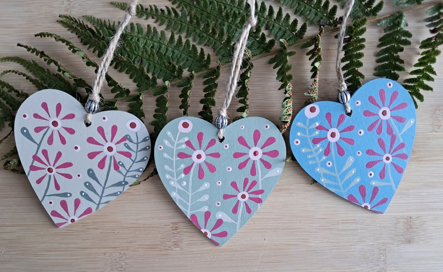 Trio of Hand Painted Wooden Hearts