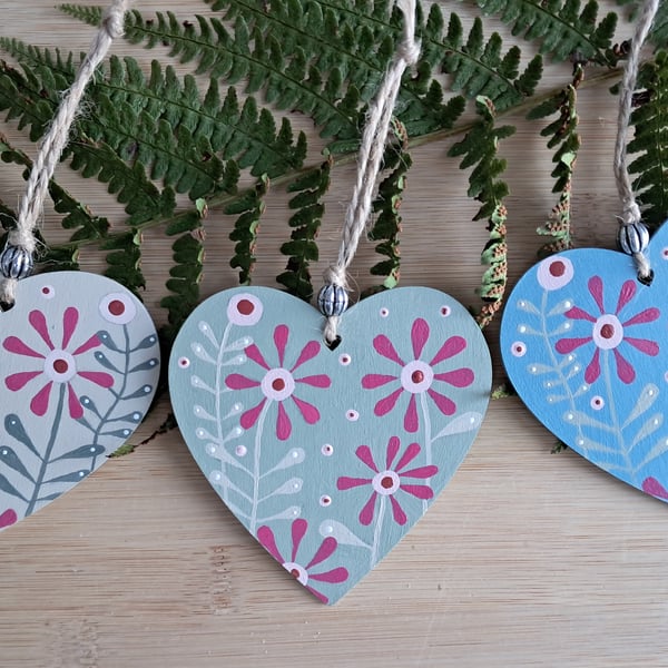 Trio of Hand Painted Wooden Hearts