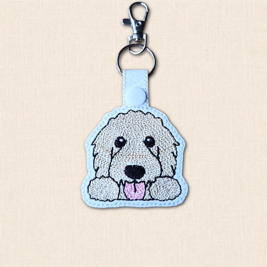 Kawaii Goldendoodle Keyring - Embroidered Faux Leather Dog Bag Charm