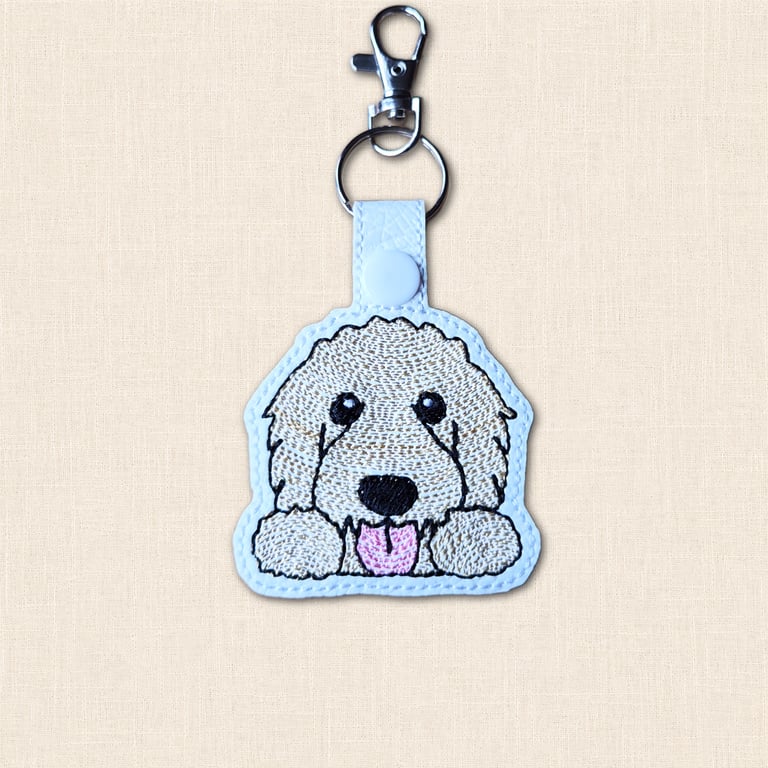 Kawaii Goldendoodle Keyring - Embroidered Faux Leather Dog Bag Charm