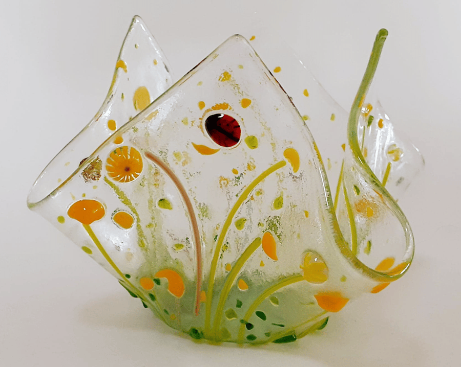 Fused glass floral tea light or candle holder