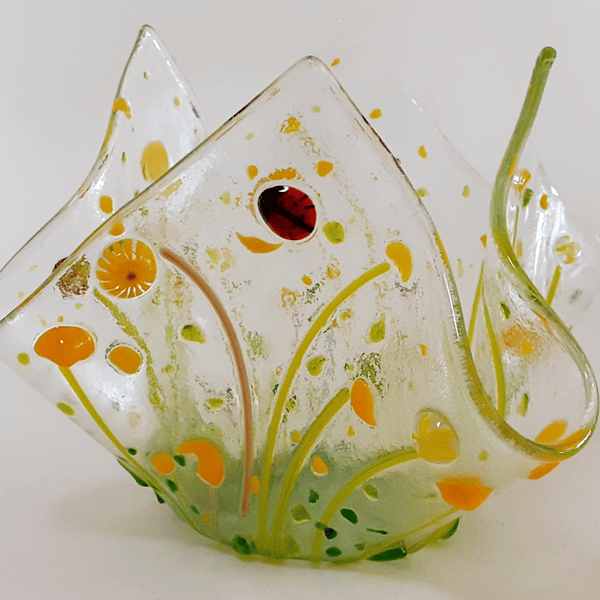 Fused glass floral tea light or candle holder