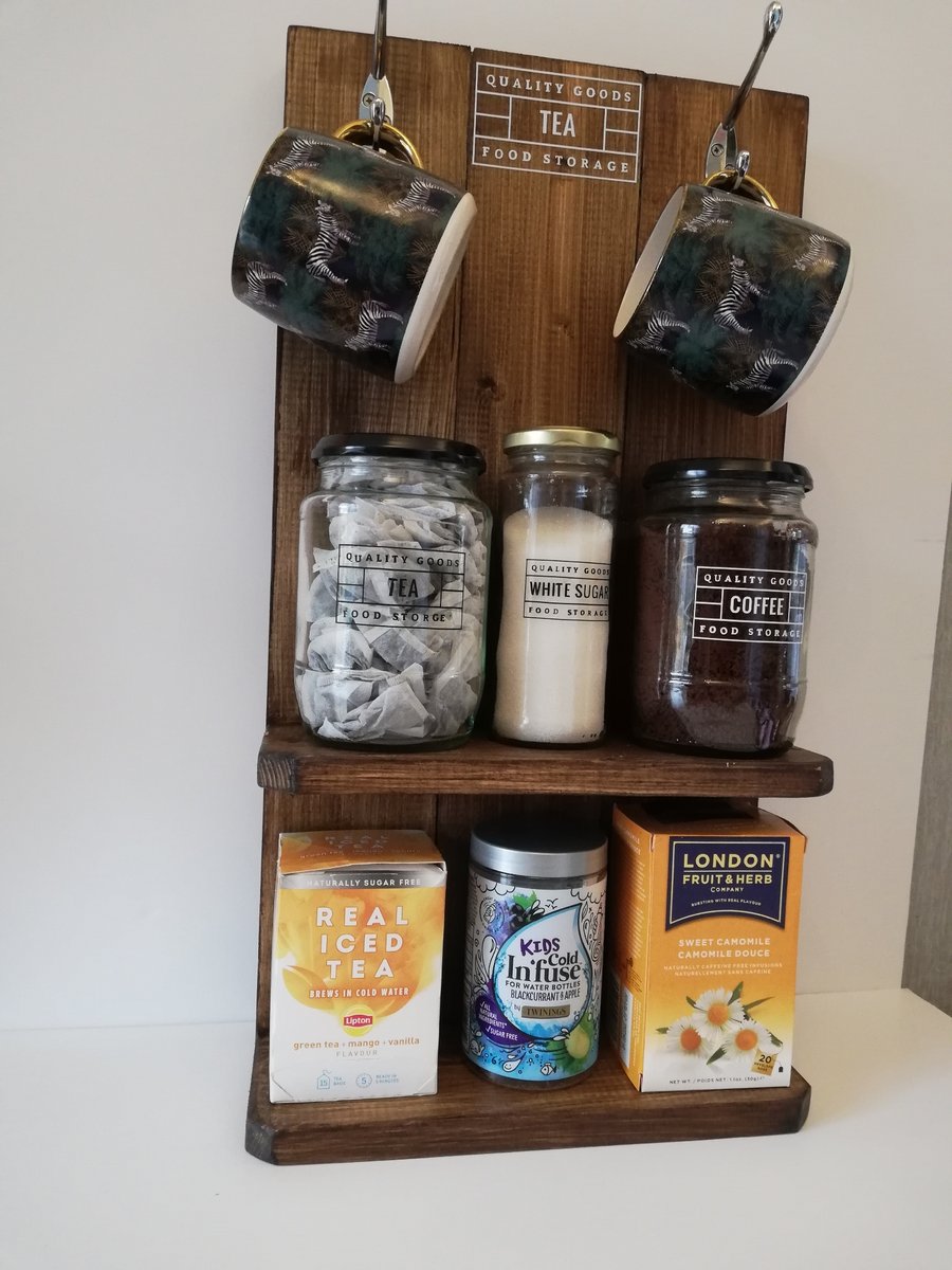 Rustic tea & condiments kitchen storage shelf. 