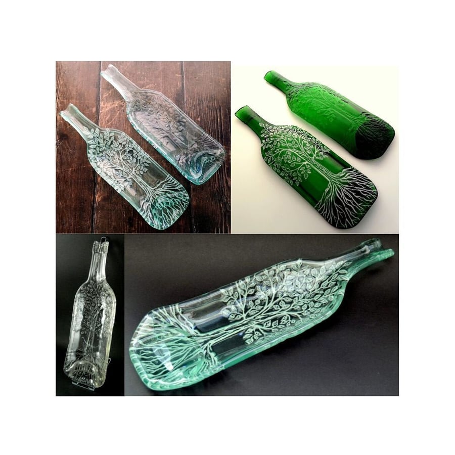 Handmade Fused Glass Recycled Wine Bottle Tree Of Life Dish - Slumped Bottle