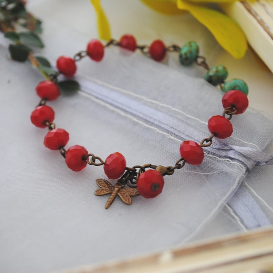 Deep red & turquoise rondelle crystal bracelet