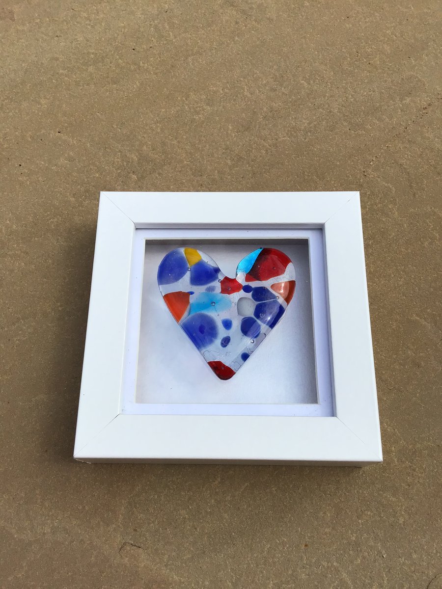 Fused glass cast glass heart in a box frame 