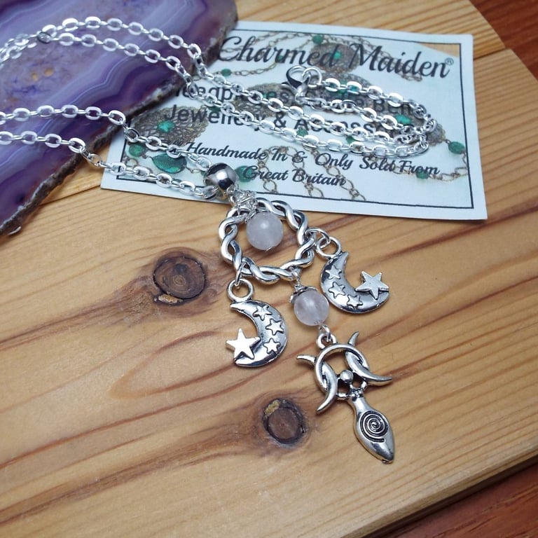 Triple Moon Goddess White Jade Pendant Necklace