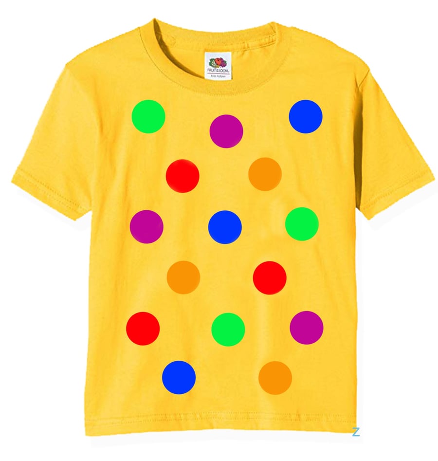 Children's Spotty Dotty T Shirt in Yellow Kid's coloured spots tee. Age 5-6 yrs
