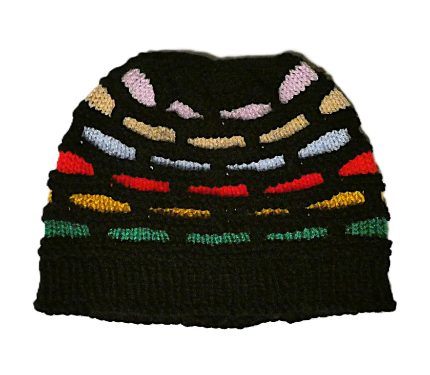 Knitted handmade black and multicoloured hat - unisex