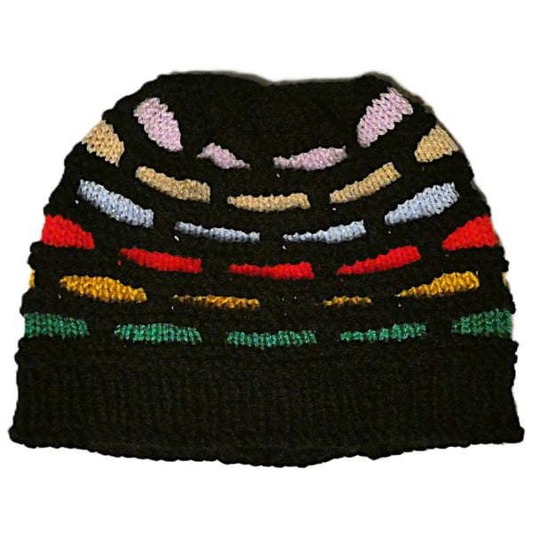 Knitted handmade black and multicoloured hat