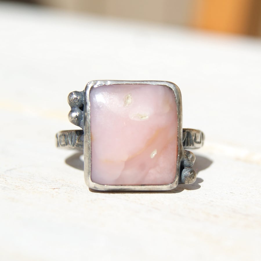 Peruvian Pink Opal Rustic Ring, Square Stone Ring, Boho Handmade Jewellery