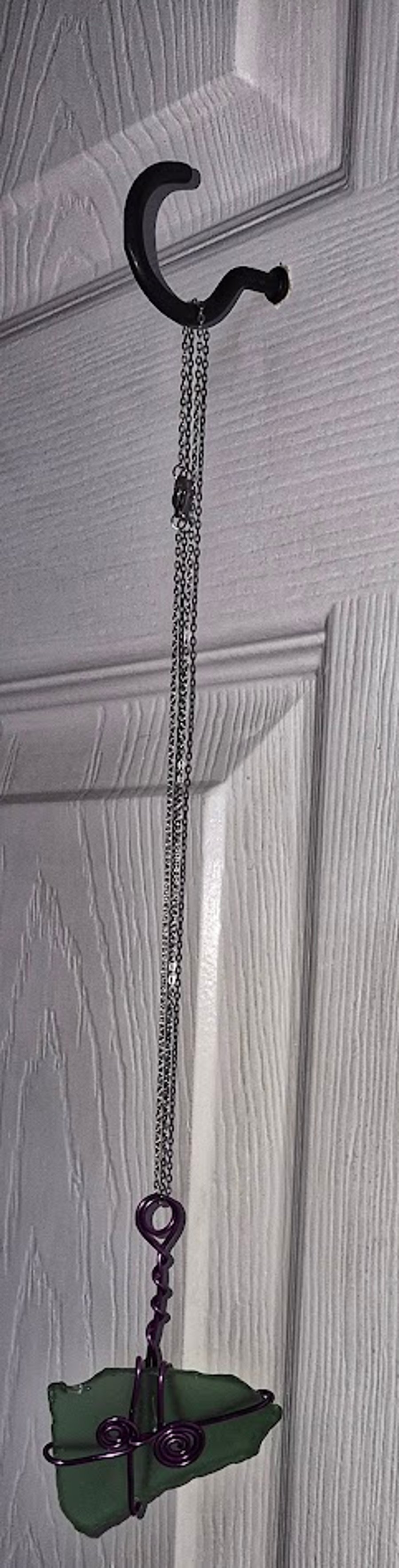 Handmade Wire Wrapped Green Sea Glass Pendant – Purple Aluminium Wire on Chain