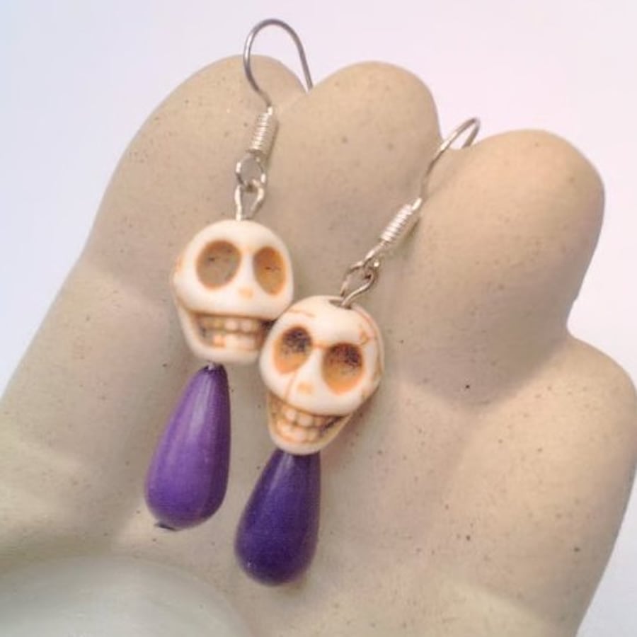 Howlite Skull and Purple Teardrop Bead Earrings, Halloween Earrings,Gift for Her