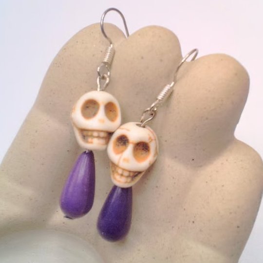 Howlite Skull and Purple Teardrop Bead Earrings, Halloween Earrings,Gift for Her