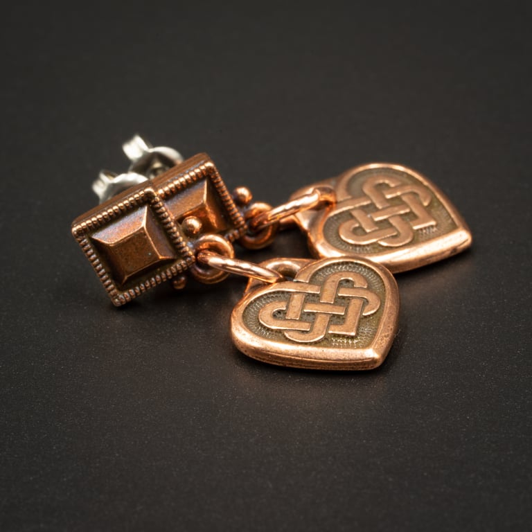 Copper heart charm handmade stud earring drops , copper jewellery