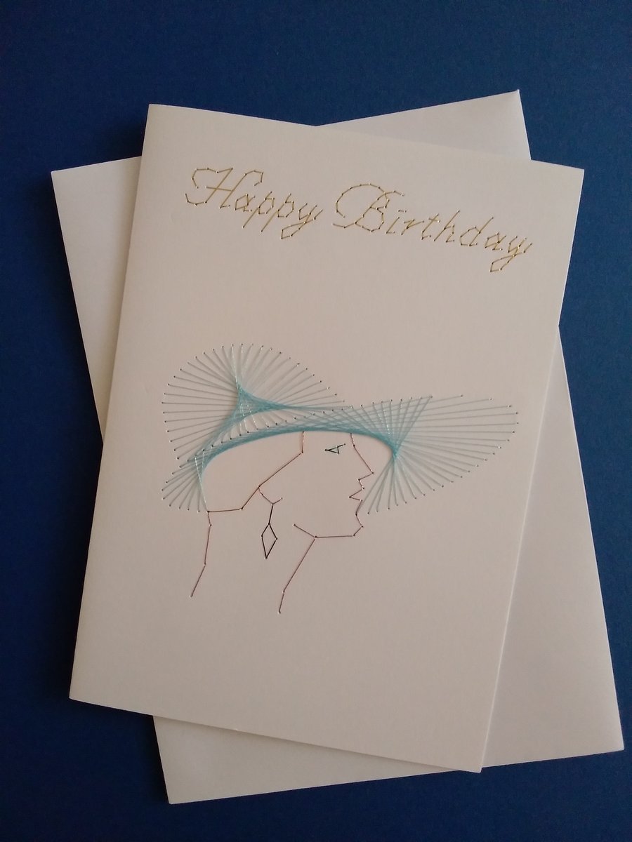 Hand Embroidered Lady in Vintage Hat. Birthday Card.