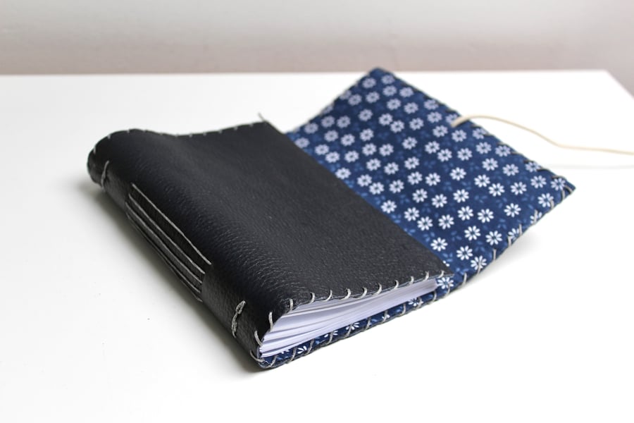 A6 Fold Over Navy Leather handmade notebook floral fabric lining plain paper 
