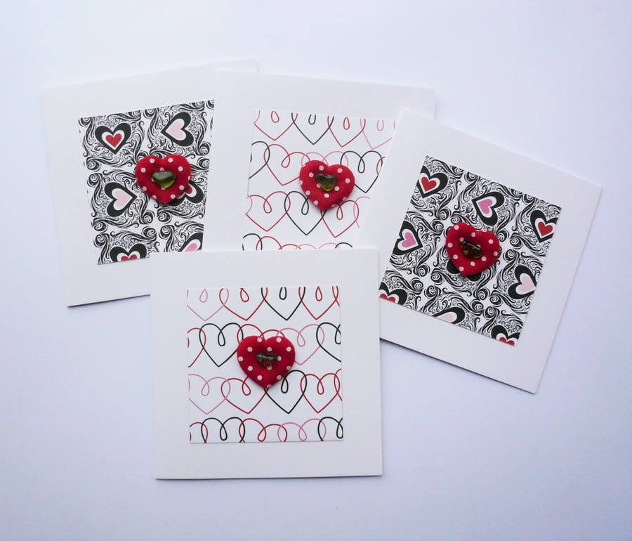 Black and Red Heart Themed Sea Glass Greetings Note Cards   Pack of 4