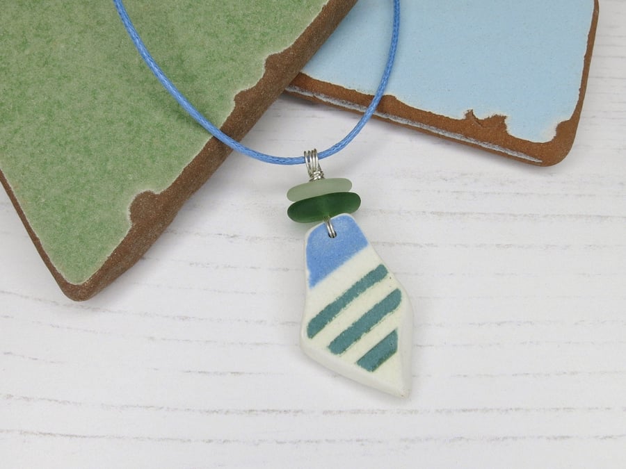 Striped Cornish Sea Pottery Pendant with Sea Glass on a Denim Blue Cotton Cord 