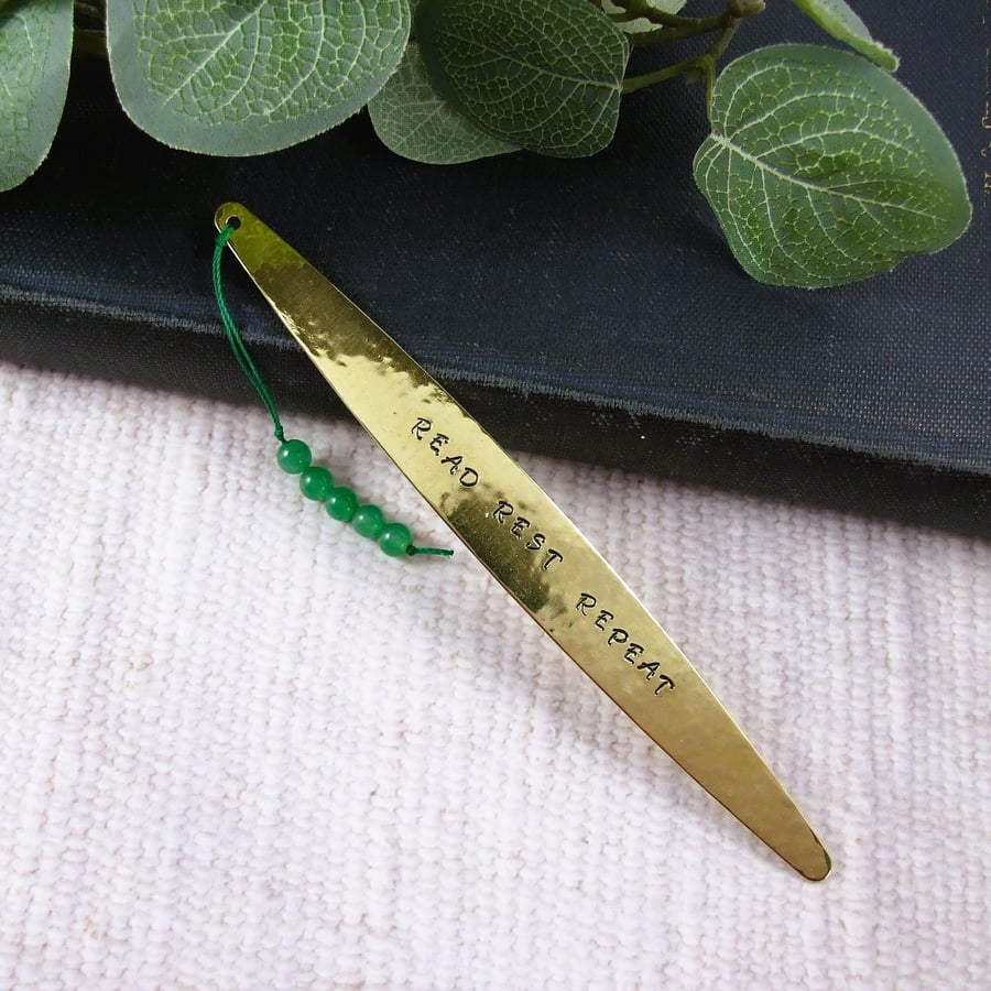 Bookmark, Stamped Brass and Green Agate Bookmark