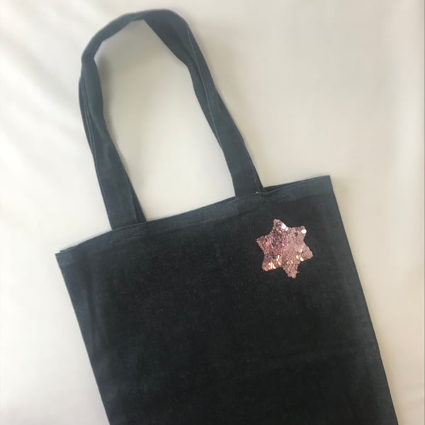 Blue denim shopping or tote bag with hand appliquéd pink sequin star