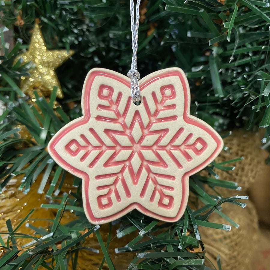 Ceramic snowflake tag (pink)