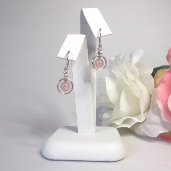 Rose quartz gemstone dangle earrings with bead in a ring of recycled silver