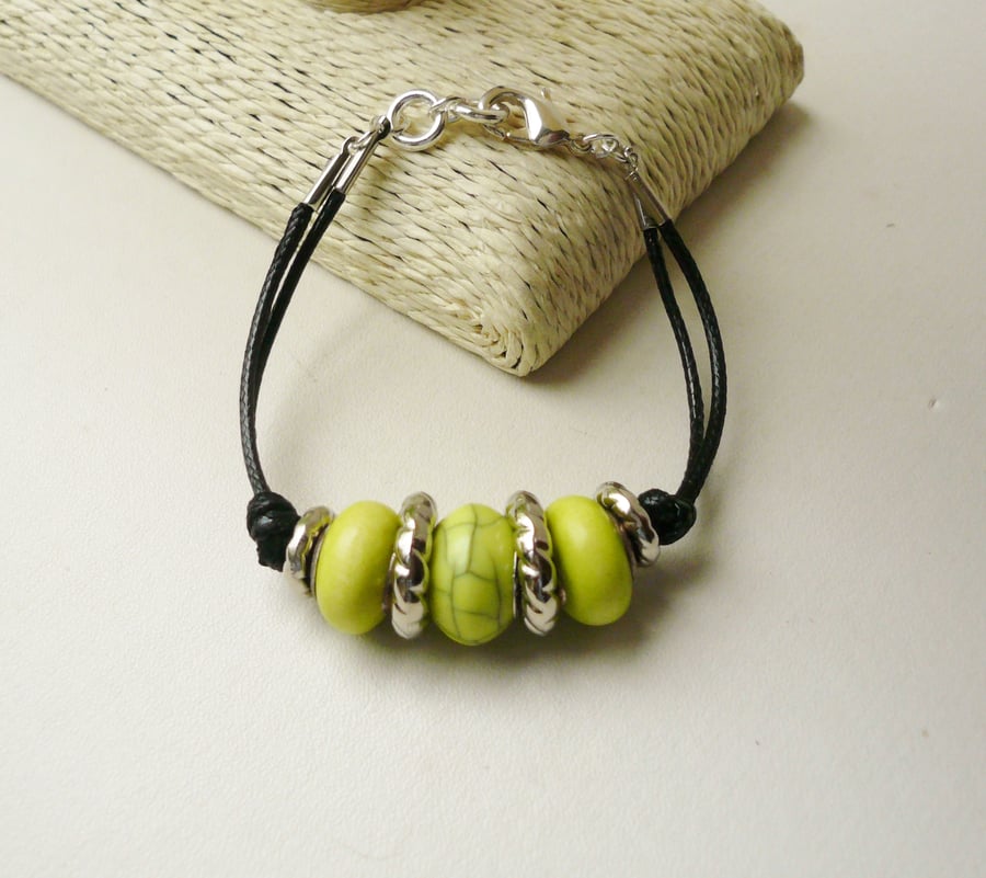 Pale Green and Silver Rondelle Bead Black Twin Cord Bracelet   KCJ1762